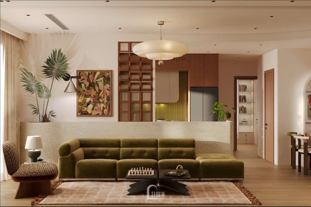 Không gian phòng khách tinh tế theo phong cách Mid-Century tại thiết kế chung cư Viha Complex Leciva